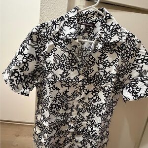 Michael Kors Black and White Logo-Print Short Sleeve Button-Down Shirt
